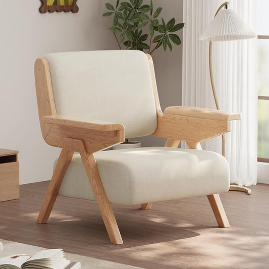 Mid Century Modern Accent Chair, Fabric Upholstered Lounge Arm Chair with Solid Wood Frame for Living Room, Bedroom, Office, Reading Corner (White, Single Chair)