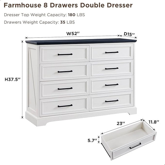 ACCOHOHO Farmhouse 8 Drawers Dresser Chests for Bedroom,52" Wide Wood Rustic Chest of Drawers with Metal Handle,Natural Texture,Drawer Organizer for Bedroom,Living Room,Hallway and Entryway,White