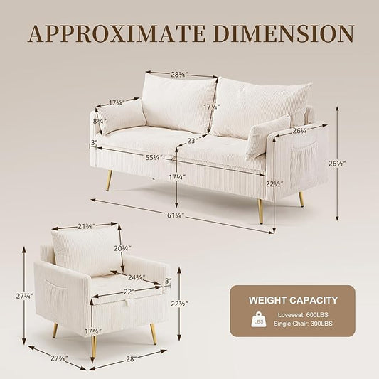Furnimart 3-Piece Storage Sectional Sofa and Couch Set, Corduroy Loveseat with 2pc Accent Single Chairs, Small Living Room Furniture Set for Apartment, Tiny Homes and Lofts, 3PC-Beige