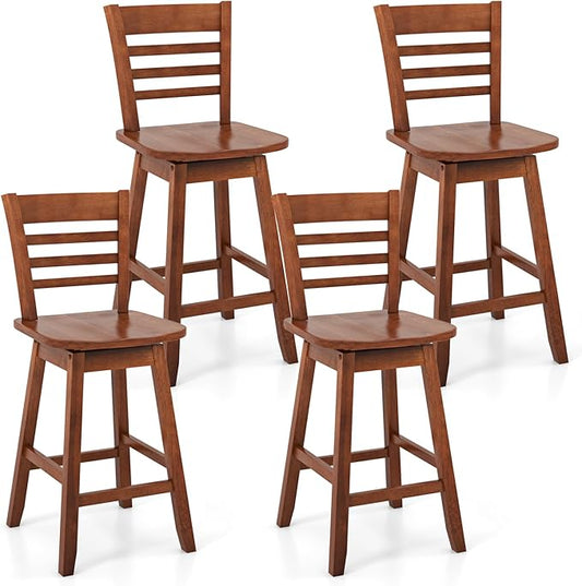COSTWAY Bar Stools Set of 4, 24.5 Inch Swivel Counter Height Bar Chairs with Hollow Backrest & Contoured Seat, with Footrest for Kitchen Island, Pub, Bistro, Cafe (4, Walnut)