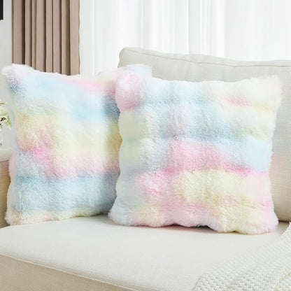 FUTEI Rainbow Decorative Throw Pillow Covers 20x20 Inch Set of 2,Soft Fuzzy Faux Rabbit Fur Cushion Covers with Raised Texture,Neutral Boho Home Decor for Couch Bed Living Room
