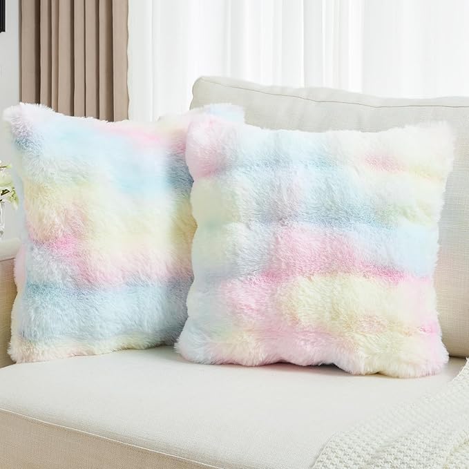 FUTEI Rainbow Decorative Throw Pillow Covers 16x16 Inch Set of 2,Soft Fuzzy Faux Rabbit Fur Cushion Covers with Raised Texture,Neutral Boho Home Decor for Couch Bed Living Room