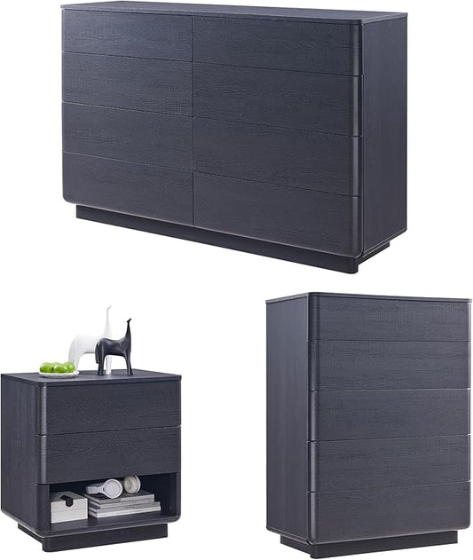 ACCOHOHO Modern Bedroom Set, 3 Pieces Bedroom Furniture Set, Includes 8 Drawers Dresser, 6 Dressers Organizer,Nightstand, Chest of Drawers Wide Storage Organizer Cabinet for Bedroom, Black