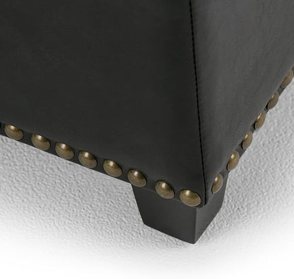 SIMPLIHOME Kingsley 48 inch Wide Transitional Rectangle Large Storage Ottoman in Midnight Black Vegan Faux Leather, Assembled, For the Living Room, Entryway and Family Room