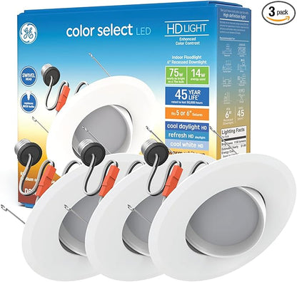 GE Color Select LED Recessed Downlight Fixture with Swivel Head, RS6 Indoor Floodlight, 6-Inch, Multiple Color Temperatures, 75 Watt Replacement (3 Pack)