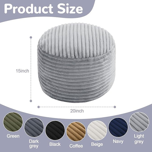 MeMoreCool Stuffed Round Pouf Ottoman Foot Rest, Soft Plush Floor Pouf Foot Stool, Corduray Footstool Footrest, Small Round Ottoman for Living Room Couch Sofa Chair, 20x15 Inch Grey