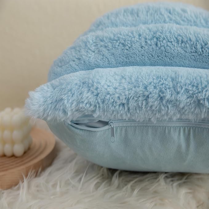 Neelvin Blue Faux Fur Cozy Soft Striped Decorative Throw Pillow Covers 20x20 inch Set of 2,Velvet Pillowcase Cushion Case for Sofa Couch