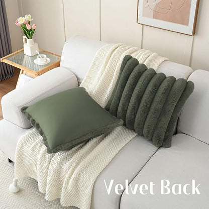FUTEI Olive Green Decorative Throw Pillow Covers 18x18 Inch Set of 2, Square Soft Faux Rabbit Fur Big Striped Cushion Cover,Home Decor for Couch Sofa Bed Living Room