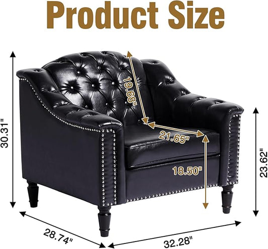 LEVNARY Chesterfield Chair Leather, Upholstered Sofa Chair with High Back, Mid-Century Modern Armchair with Solid Wood Legs, Single Couches for Living Room (Black)