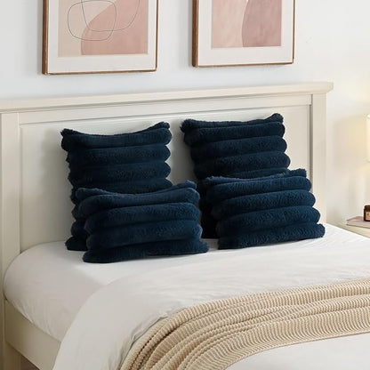 FUTEI Navy Blue Decorative Throw Pillow Covers 12x20 Inch Set of 2, Square Soft Faux Rabbit Fur Thick Striped Lumbar Pillow Case,Winter Home Decor for Couch Bed Living Room