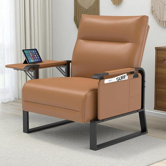Upholstered Accent Chair, Modern Faux Leather Sofa Chair with Foldable Side Tray Table & Storage Pocket, Small Accent Sofa for Living Room, Bedroom, Reception Room, Brown