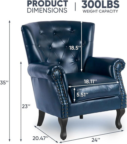 MOJAY PU Leather Accent Chair Set of 2, Mid-Century Modern Armchair Living Room Club Chair with Tufted Button & Rivet Trim, Upholstered Sofa Chair with Sturdy Wood Legs for Bedroom (Navy)