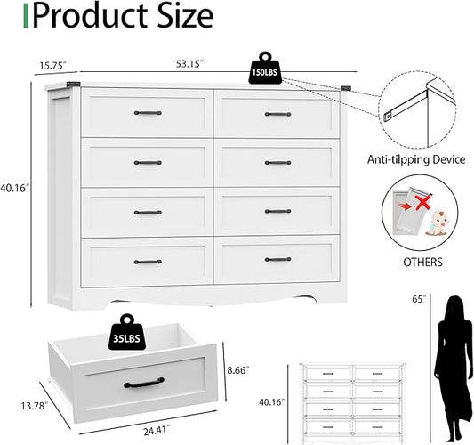Dresser for Bedroom with 8 Drawers, 54" Wide Wood Chest of Drawers with Deep Drawers & Mental Handle, Modern Dresser TV Stand, Wooden Closet Storage Organizer for Living Room, Hallway, Entryway, White