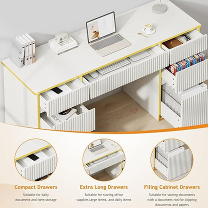 58 Inch White Desk with 7 Drawers, White and Gold Computer Desk with File Drawers for Bedroom, Home Office Desk for Study, Living Room