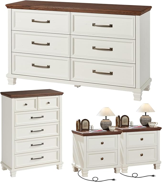 Farmhouse Bedroom Dresser and Nightstand Set of 4, 6 Drawer Tall & Low Dresser & 2 Drawer Nightstand Set, Rustic Wood Bedroom Furniture Set for Livingroom, Hallway, White