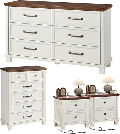 Farmhouse Bedroom Dresser and Nightstand Set of 4, 6 Drawer Tall & Low Dresser & 2 Drawer Nightstand Set, Rustic Wood Bedroom Furniture Set for Livingroom, Hallway, White
