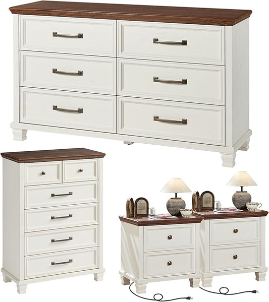 Farmhouse Bedroom Dresser and Nightstand Set of 4, 6 Drawer Tall & Low Dresser & 2 Drawer Nightstand Set, Rustic Wood Bedroom Furniture Set for Livingroom, Hallway, White