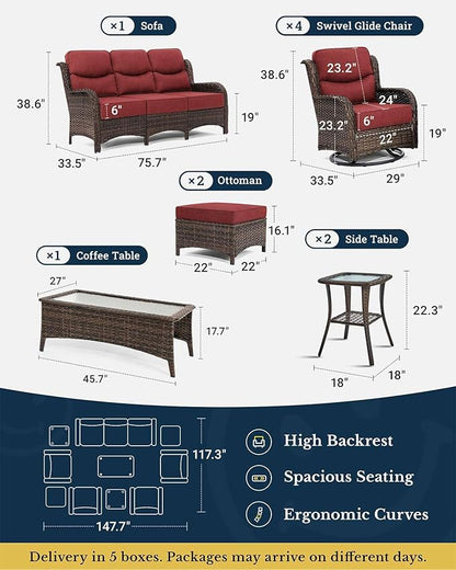 HILLGA Luxury Patio Furniture Set with 6-Inch Thick Cushions, High Back Outdoor Swivel Rocker Chairs and Patio Couch, 10-Piece All Weather Conversation Set for Porch Deck Pool Yard, Burgundy (V3)
