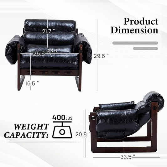 Furnilivng Modern Lounge Accent Chair, Comfortable Oil Waxed Leather Arm Chair with Sturdy Wood Frame, Upholstered Cozy Sofa Chair for Living Room, Bedroom, Dressing Room, Home Office, Black