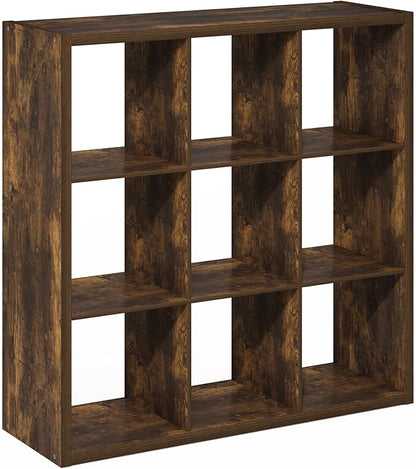 Furinno Cubicle Book Shelf, 9-Cube Thick Frame Bookshelf, Reversible Bookcase with Open Back, 14.6 x 43.8 x 43.8, for Living Room, Bedroom, Home Office, Amber Pine
