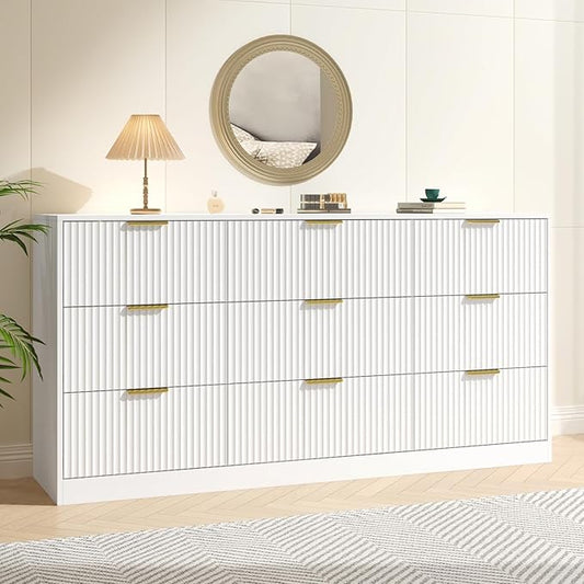 White Dresser for Bedroom with 9 Drawers, 63” Wide White Fluted Dresser Modern Chest of Drawers with Gold Handles, Wooden TV Stand Storage Organizer for Bedroom, Living Room