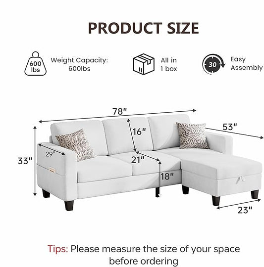 Sectional Sofa and Couches for Living Room, 78'' White 3 Seat L-Shaped Couch with Movable Ottoman, Comfy Velvet Convertible Sectionals Sofas with Chaise for Apartment, Office, Small Space