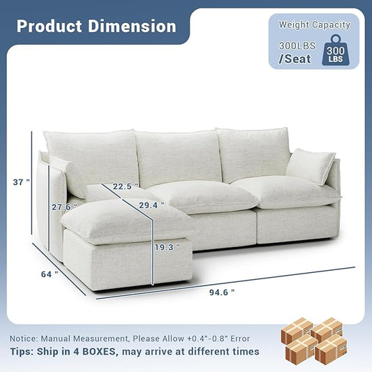 94.6" Cloud Modular Sectional Sofa, Waterproof Down Filled Sectional Sofas, High Backrest L Shaped 3 Seater Sectional Couches with Ottoman, Modular Couch with Removable Cover, Cream White