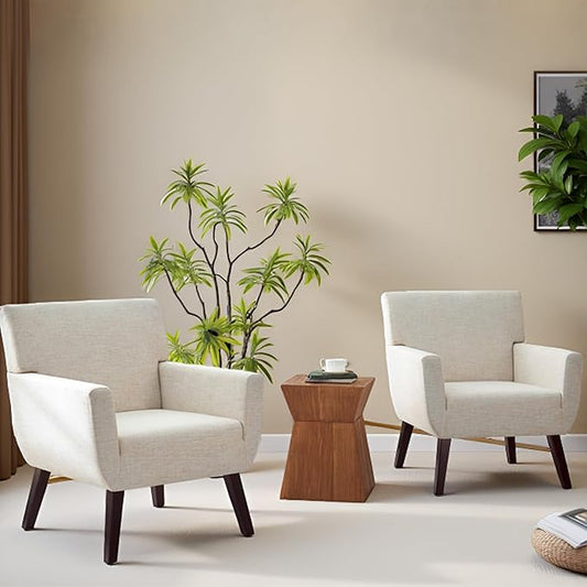 Upholstered Accent Chair,Mid Century Modern Office Fabric Small Living Room Chair with Arm,Comfy Wingback Armchair for Bedroom Reading (Beige, 2 PC)