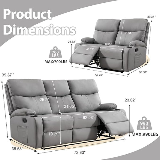 Manual Recliner Sofa Set Anti-Scratch 3 Seats Reclining, Sofa Couches with Side Pocket and Cupholders Wall Hugger Leather Couch for RV Living Room Home Theater Bedroom Apartment