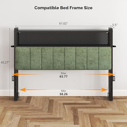 VINGLI Queen Size Headboard Only, Adjustable Upholstered Headboard with 2 Tier Shelves and Pegboard with Charging Stations and LED Lights, Modern Bed Headboard with Storage for Bedroom Decor