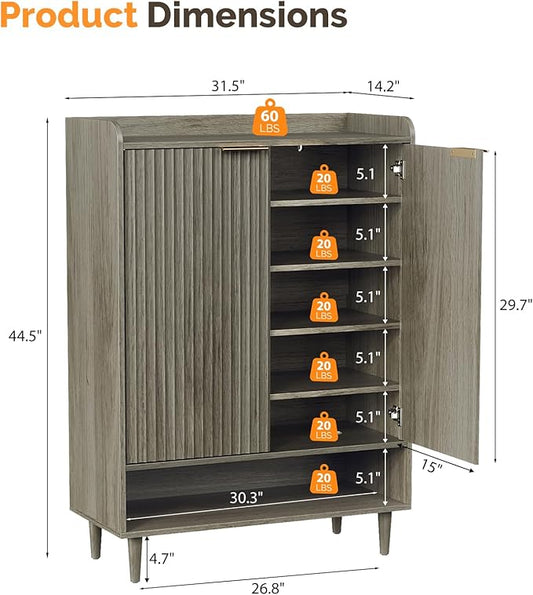 VINGLI Shoe Cabinet with Fluted Doors, 6 Tier Large Wooden Entryway Shoe Storage Cabinet with Adjustable Shelves,44.5" Tall Modern Freestanding Shoe Rack Organizer for Entryway, Hallway,Gray Oak