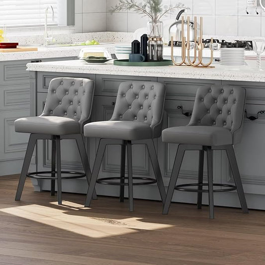 MINCETA Bar Stools Set of 3, PU Leather Barstools, 26 Inch Upholstered Counter Stools with Low Tufted Back and Footrest, Swivel Counter Height Barstools for Kitchen Island Home Bar Dark Gray