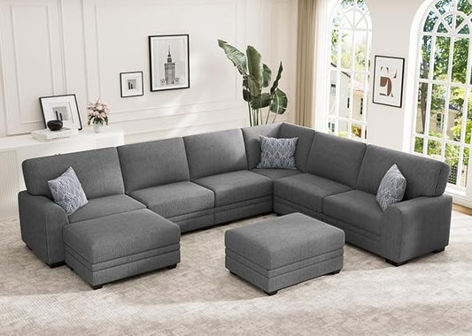Wanderwell Oversized Modular Sectional Sofa, 8-Seater U Shaped Couches with Movable Ottoman,Corduroy Sectional Couch with Wide and Deep Seats Suitable for Living Room,Bedroom,Apartment (Grey, U-8)