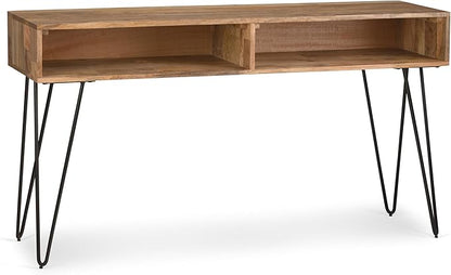 SIMPLIHOME Hunter Console Table - 55 Inch Wide Solid Mango Wood and Metal Sofa Table in Natural, Industrial Storage Table for Entryway or Living Room with 2 Open Cubbies and Black Hairpin Legs
