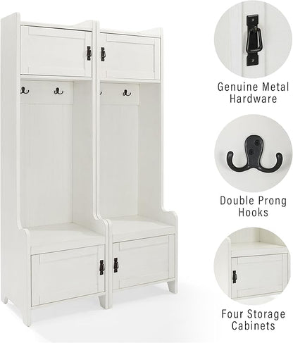 Crosley Furniture Fremont 2-Piece Hall Tree Entryway Set with Storage Cabinets and Coat Rack Hooks, Distressed White