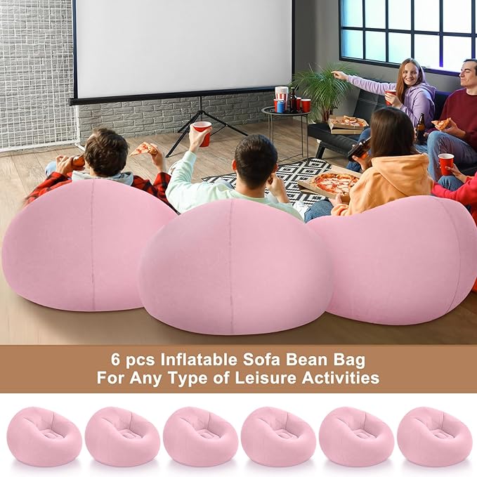 Realspring 6 Pcs Bean Bag Chairs for Adults Inflatable Chairs with Electric Air Pump,Blow up Couch Folding Portable Inflatable Couch Lazy Sofa for Reading Living Room Camping (Pink)