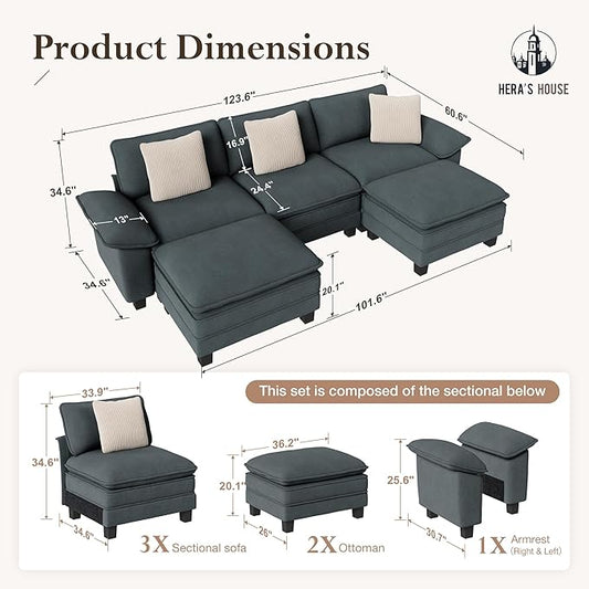 HERA'S HOUSE 124" Modular Sectional Sofa, Oversized U Shaped Couches for Living Room, Comfy Cloud Couch with Ottoman, 5-Seater Deep Seat Sofa with Throw Pillow, Chenille Blue