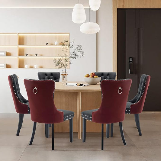 Leather Upholstered Dining Chairs Set of 8, Modern Style Kitchen Side Chairs with Nailhead Trim and Wood Leg, Metal Pulling Ring for Dining Room Living Room(Black&Wine Red)