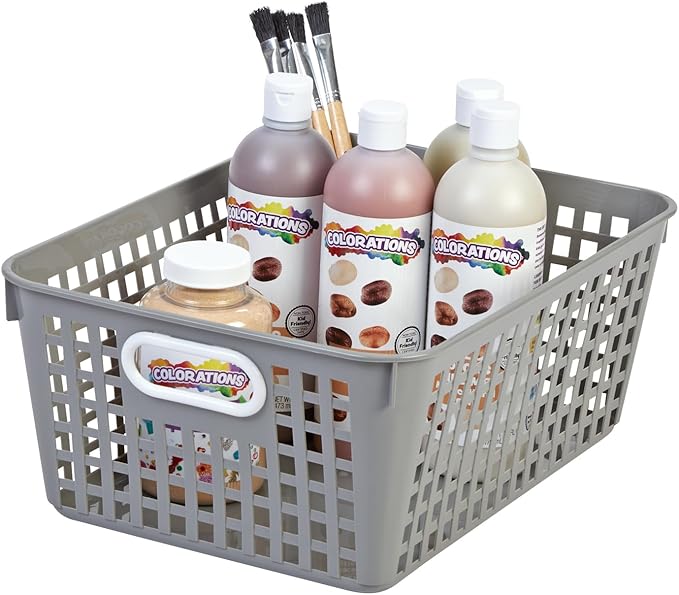 Really Good Stuff - 160016PE Multi-Purpose Plastic Storage Baskets for Classroom or Home Use - Stackable Mesh Plastic Baskets with Grip Handles 13" x 10" (Pebble - Set of 12)