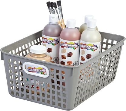 Really Good Stuff - 160016PE Multi-Purpose Plastic Storage Baskets for Classroom or Home Use - Stackable Mesh Plastic Baskets with Grip Handles 13" x 10" (Pebble - Set of 12)