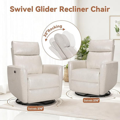 Himimi Power Massage Recliner Chair, Oversized Swivel Rocker Chair with Massage and Heat, Glider Recliner for Adults, USB Charging, Side Pocket, Nursery, Living Room, Bedroom, Ivory