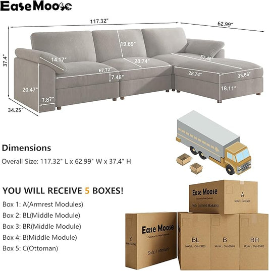 EASE MOOSE Oversized Modular Sectional Sofa, Extra Large L Shape Sectional Cloud Couch,Comfty Deep Modular Sofa with Ottoman，for Living Room