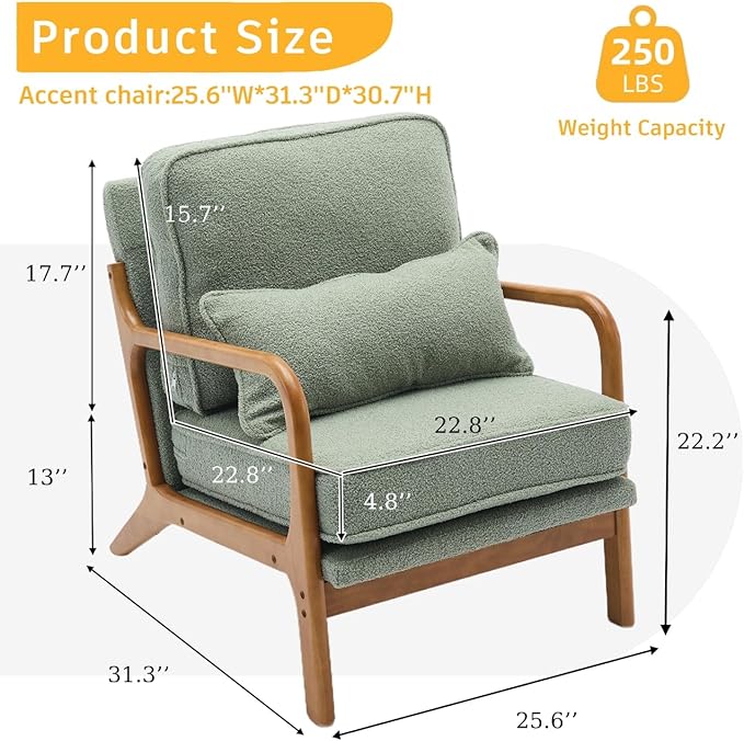 Mid-Century Accent Chair,Sherpa Fabric Lounge Chair with Wide Armrest,Sherpa Fabric Armchair with Lumbar Pillow & Solid Wood Frame for Living Room, Bedroom, Balcony (Green)