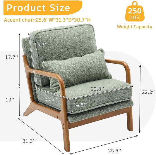 Mid-Century Accent Chair,Sherpa Fabric Lounge Chair with Wide Armrest,Sherpa Fabric Armchair with Lumbar Pillow & Solid Wood Frame for Living Room, Bedroom, Balcony (Green)