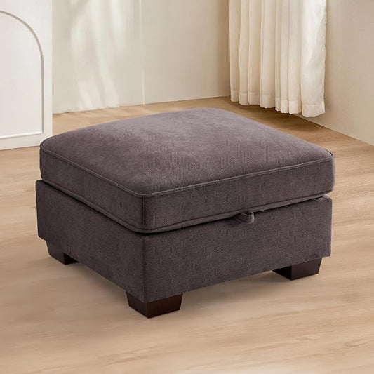TEKAMON 27.5" Storage Ottoman, Square Footrest with Sponge Padded Seat, Chenille Fabric Step Stool for Sofa, Bedroom, Living Room, Entryway, Modern Change Shoes Stool, Wood Legs,(Dark Grey)