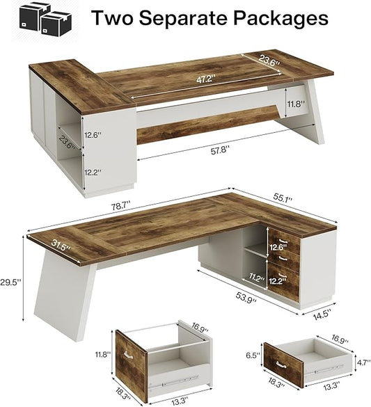 Tribesigns 78" L-Shaped Executive Desk, Large Modern Office Desk with Drawers and Lateral File Cabinet, Business Furniture with Storage Shelves, Big Computer Desk for Home Office (Brown + White)