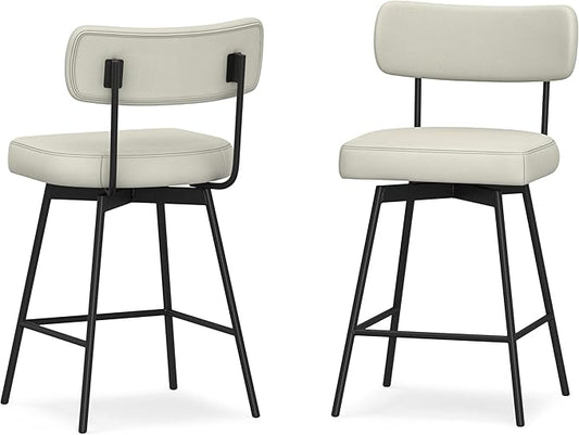 SIMPLIHOME Giselle Counter Stools (Set of 2) - 24 Inch Seat Height Swivel Upholstered Metal Kitchen Stools in Natural Polyester Linen, Contemporary Modern Seating with Padded Seat and Backrest