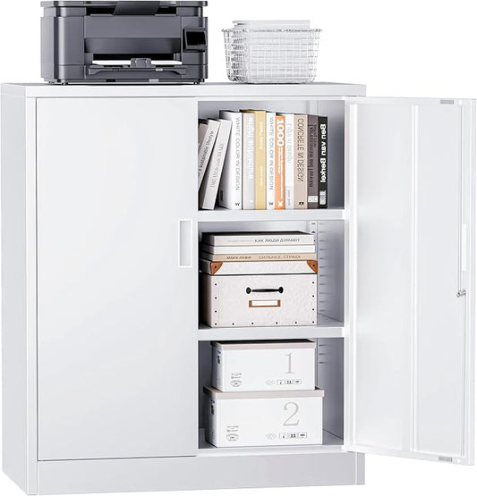 Metal Garage Storage Cabinets，36" Steel File Cabinet with 2 Adjustable Shelves, Lockable Storage Cabinets for Office, Home, Garage, Warehouse 36" H x 32" W x 16" D (White)