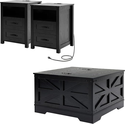 Farmhouse Coffee Table Set of 3, Lift Top Coffee Table with Sliding Barn Doors and Nightstands Set of 2 with Charging Station, Living Room Table Set for Home Office, Brown