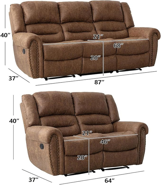 CANMOV Faux Leather Manual Recliner Sofa Set,Manual Reclining Sofa and Recliner Loveseat with Overstuffed Armrest for Living Room,Bedroom Furniture,Office,Nut Brown